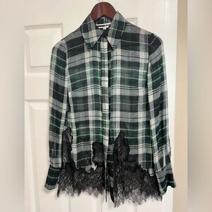 MCQ ALEXANDER MCQUEEN Fluid Tartan Plaid Silk Blouse Green Lace $610